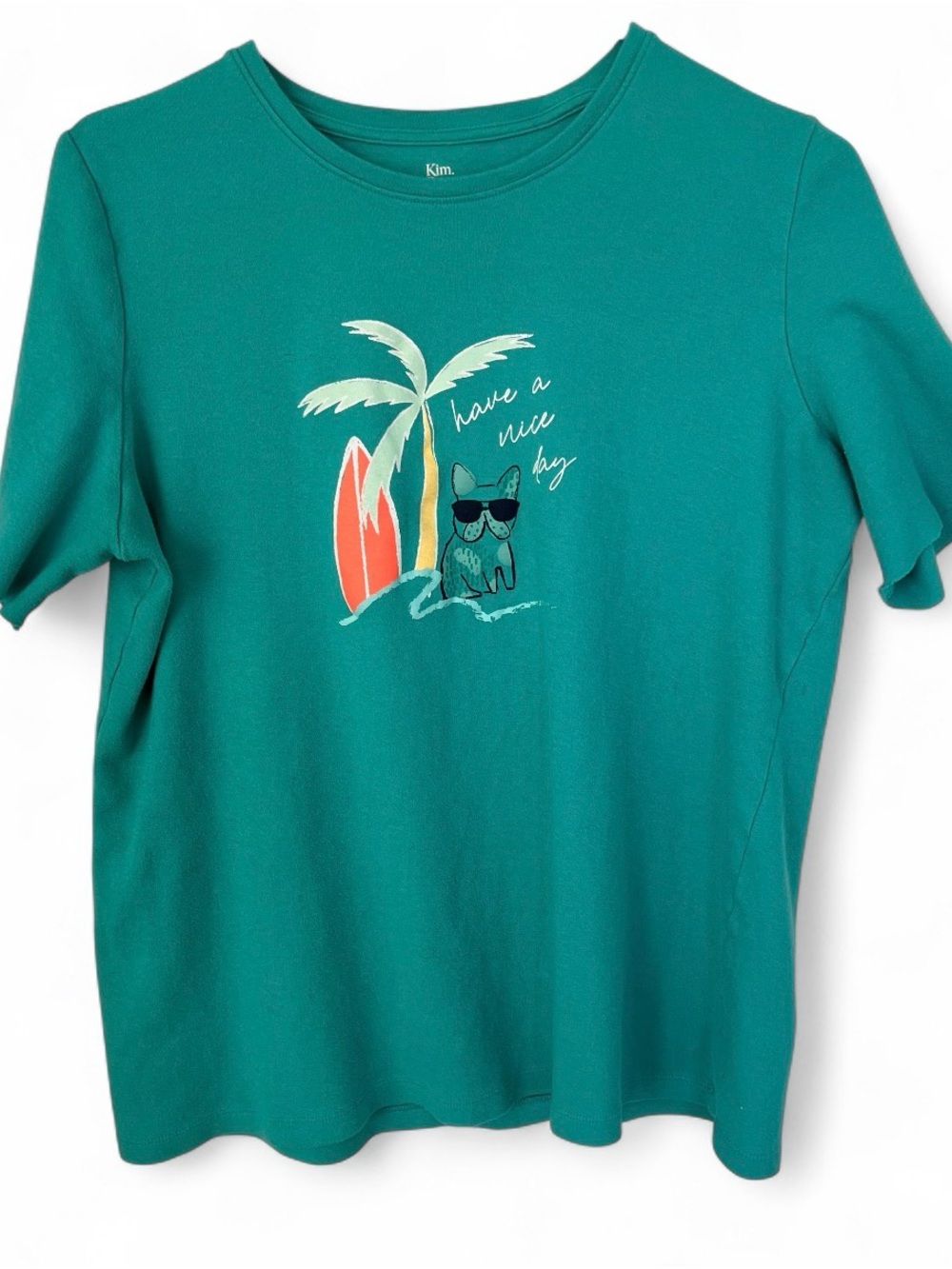 Kim Rogers Teal Graphic Tee with Palm & Surf Design